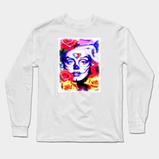 Sugar skull girl with yellow and red roses Long Sleeve T-Shirt